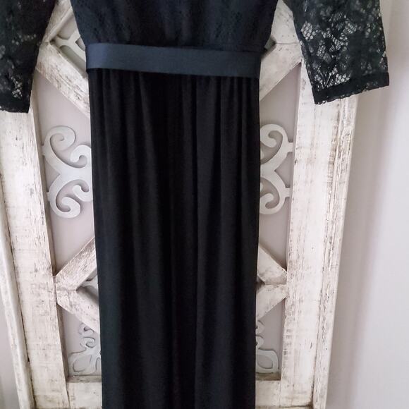 Ellen Weaver Women's Lace Top Overlay Ribbon Belt Maxi Dress in Black - Picture 13 of 14